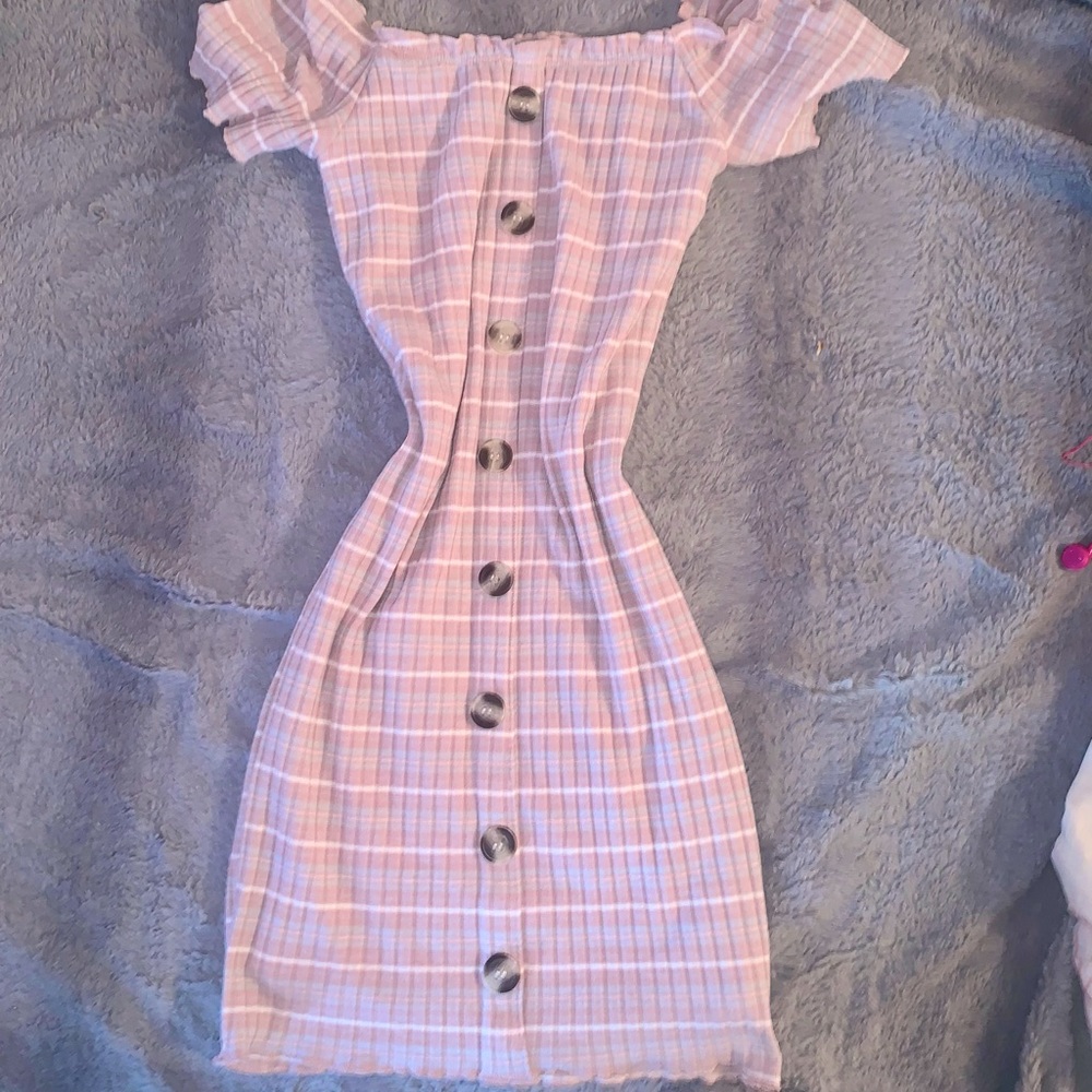 SOLD - ‼️Baby Pink and White Striped Button Accented Off the Shoulder Dress‼️